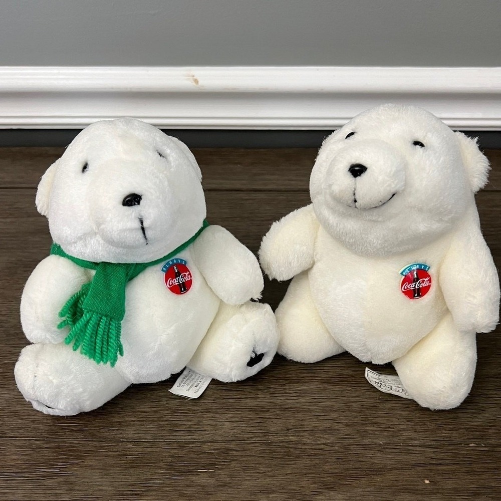Coca-Cola Holiday Polar Bear Plush Set of 2 Vintage Christmas Advertising White